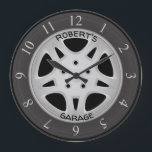 Custom Text Automobile Wheel & Tire Large Clock<br><div class="desc">This unique clock displaying a generic tire and alloy wheel is perfect for an automotive garage, a tire store, a man cave, or for the wall of any auto enthusiast. Add your garage name or other text using the easy Zazzle template. Be sure to scroll down and select the size...</div>