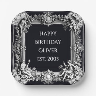 custom text baroque frame stylish white on black paper plate