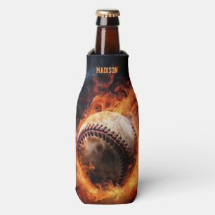Custom Text Baseball on Fire Bottle Cooler