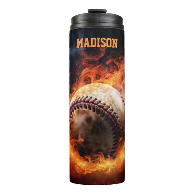 Custom Text Baseball on Fire Thermal Tumbler (Front)