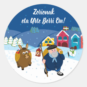Custom text Basque Olentzero Christmas snow scene: Classic Round Sticker