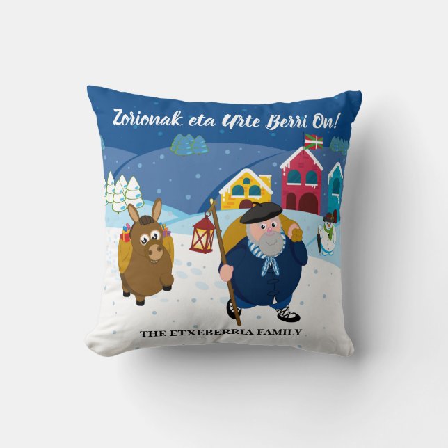 Custom text Basque Olentzero Christmas snow scene: Cushion (Front)
