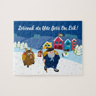 Custom text Basque Olentzero Christmas snow scene: Jigsaw Puzzle