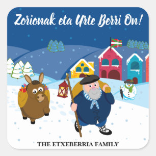 Custom text Basque Olentzero Christmas snow scene: Square Sticker