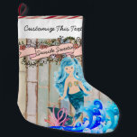 Custom Text/ Beach Island Ocean Mermaid Glitter Large Christmas Stocking<br><div class="desc">If you are taking a vacation to Hawaii, Florida or other warm weather location or if you live in these area's, and you have a tropical Christmas, then this beach mermaid is for you. Custom and personalise this design. To add your own custom text, click on the "abc Personalise This...</div>