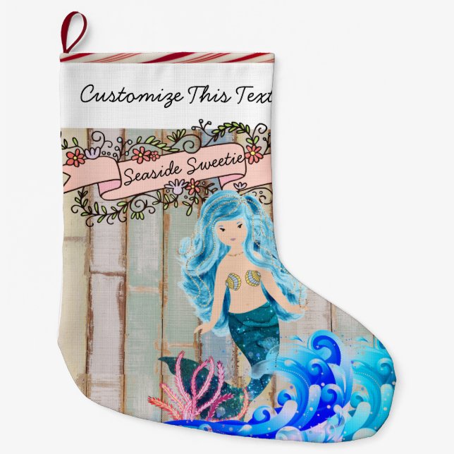 Custom Text/ Beach Island Ocean Mermaid Glitter Large Christmas Stocking (Front)