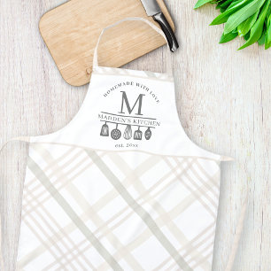 Custom Text Beige White Buffalo Plaid Monogram Apron