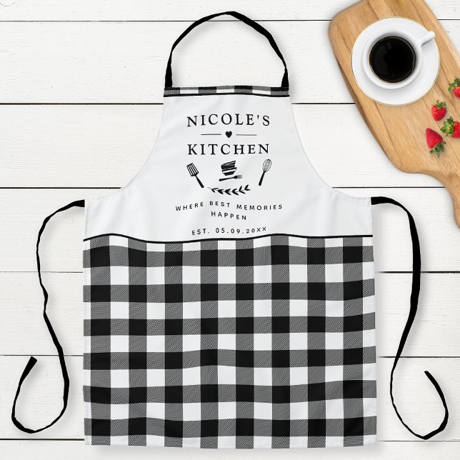 Custom Text, Black and White Buffalo Plaid Kitchen Apron (Creator Uploaded)