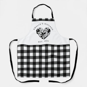 Custom Text Black and White Buffalo Plaid Kitchen Apron
