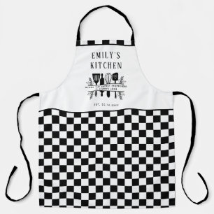 Custom Text, Black and White Checker Plaid Kitchen Apron