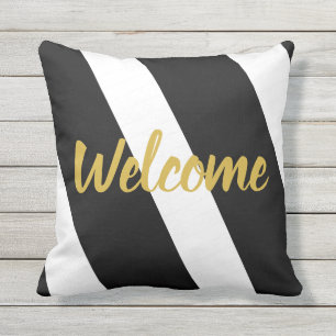 Custom Text Black and White Striped Cushion