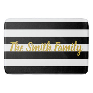 Custom Text Black and White Striped Pattern Bath Mat