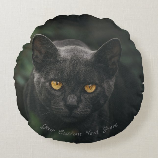 Custom Text | Black Cat Spooky Glowing Eyes Round Cushion (Front)