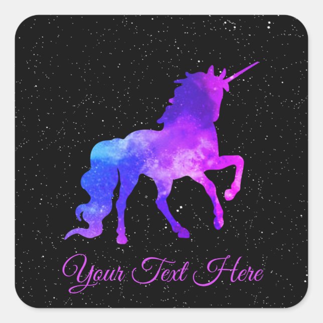 Custom Text Black/Purple Galaxy Unicorn Space Square Sticker (Front)