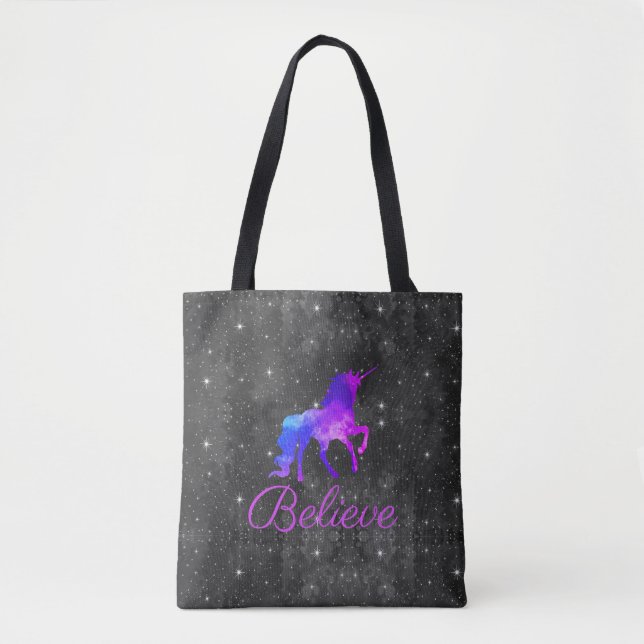 Custom Text Black/Purple Galaxy Unicorn Tote Bag (Front)