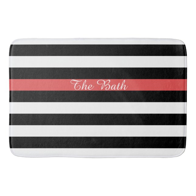 Custom Text Black Red and White Striped Bath Mat (Front)