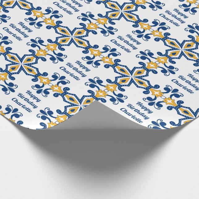 Custom text 💙💛 Blue and yellow Azulejos, Wrapping Paper (Corner)