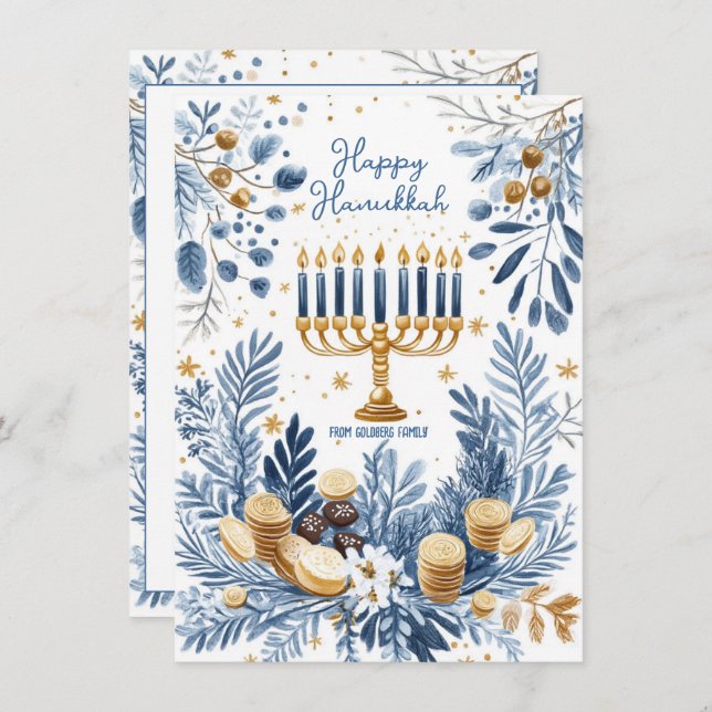 Custom text Blue Blossom Hanukkah Menorah Holiday Card (Front/Back)
