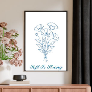 Custom Text  Blue Poppy Botanical Line Art Poster