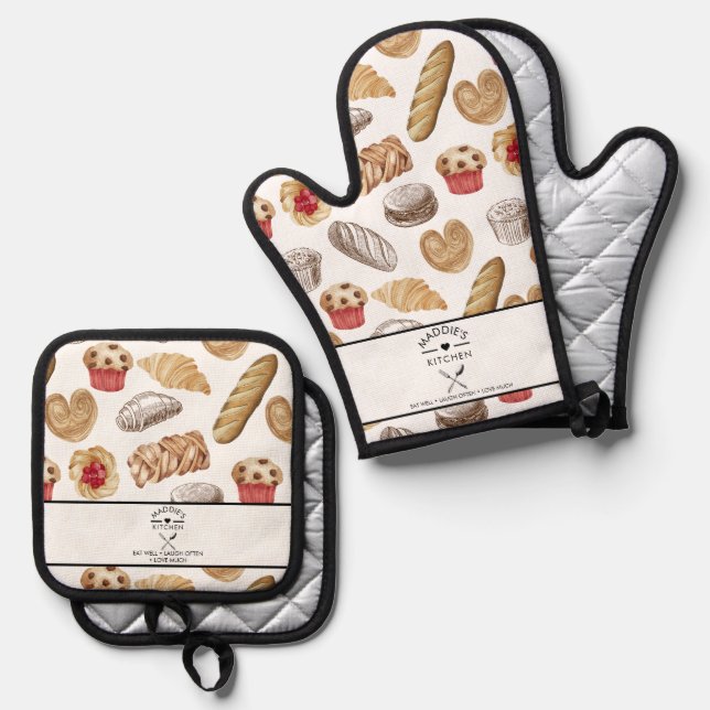 Custom Text Bread Baker Pattern Oven Mitt & Pot Holder Set (Front/Back)