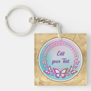 Custom Text, butterflies, and Heart love monogram Key Ring