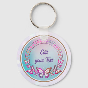 Custom Text, butterflies, and Heart love monogram Key Ring