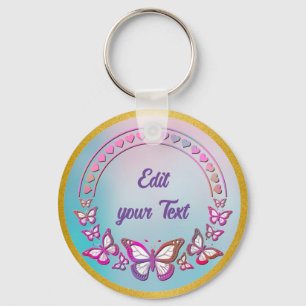Custom Text, butterflies, and Heart love monogram Key Ring