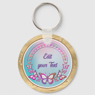 Custom Text, butterflies, and Heart love monogram Key Ring