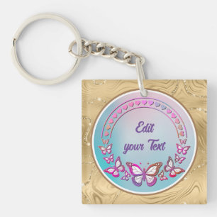 Custom Text, butterflies, and Heart love monogram Key Ring