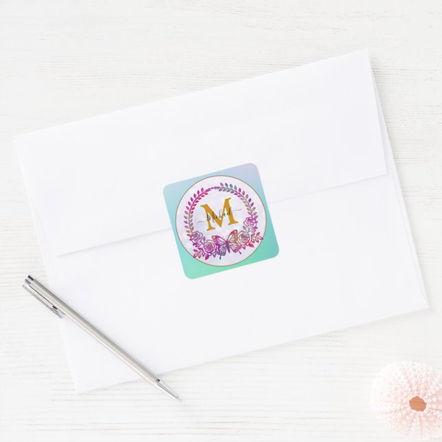Custom Text, butterfly and Flower Square Sticker (Envelope)