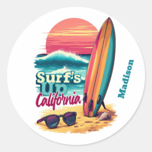 Custom Text California Surfing Classic Round Sticker