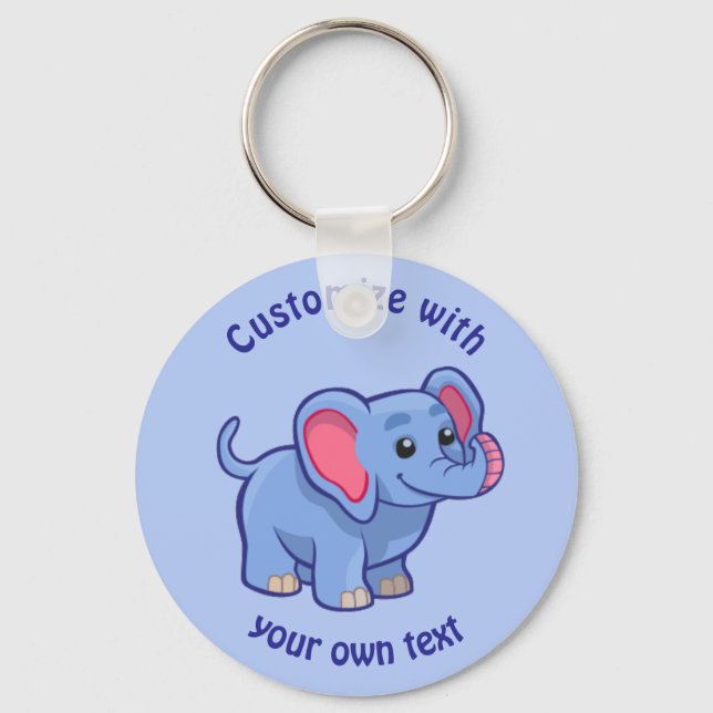 Custom Text Cartoon Elephant Blue Key Ring (Front)