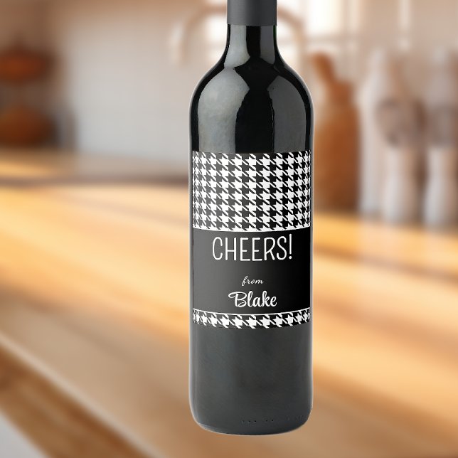Custom Text, CHEERS Black & White Houndstooth (6) Wine Label (Creator Uploaded)