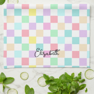 Custom Text chequered pastel colours Tea Towel