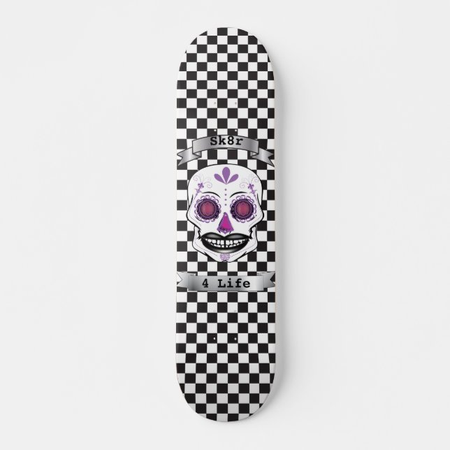 Custom Text Chequered Purple Candy Skull Deck Skateboard (Front)