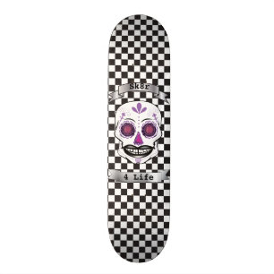 Custom Text Chequered Purple Candy Skull Deck Skateboard