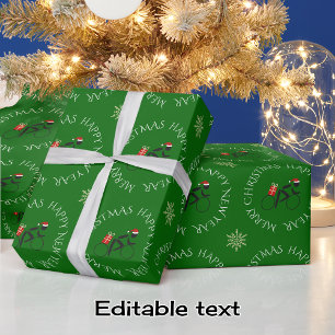 Custom text christmas cyclist with gift green wrapping paper