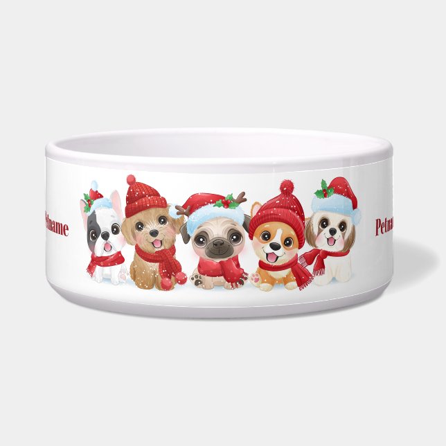 Custom text Christmas Puppies pet bowl (Front)