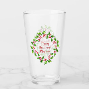 Custom text Christmas Wreath pint glass