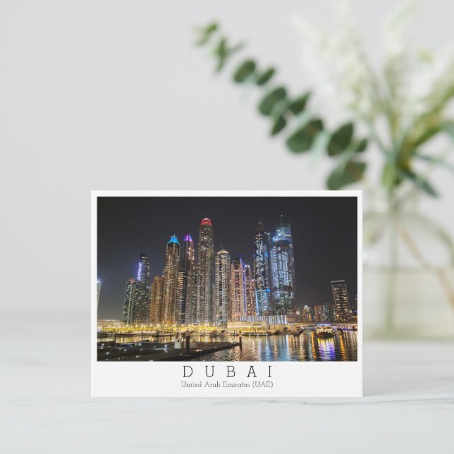 Custom text, city view by night, Dubai, UAE  Postcard (Standing Front)