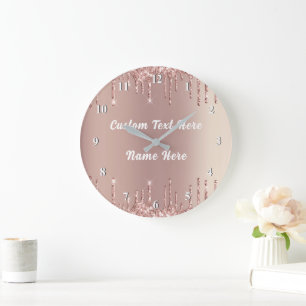 Custom Text Clock Rose Gold Blush Glitter Drips