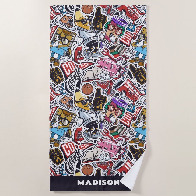 Custom Text College Comics Pattern Beach Towel (Front)