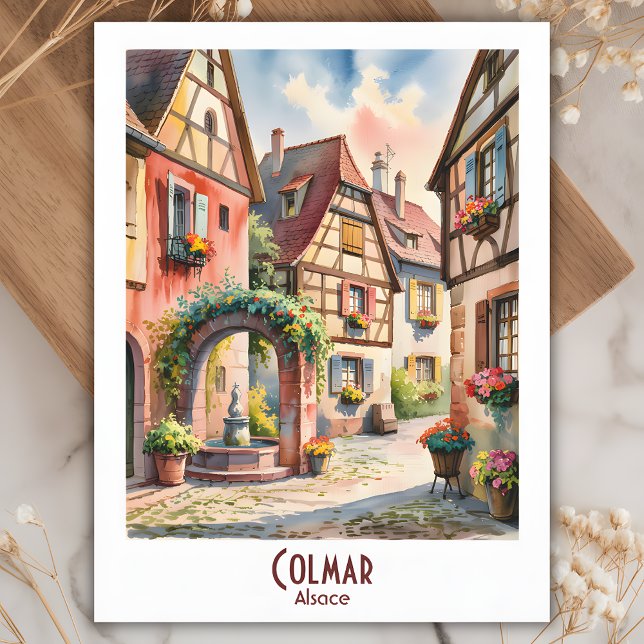 Custom Text Colmar Alsace France Travel Watercolor Postcard (Colmar Alsace France Travel Vintage Watercolor Postcard)