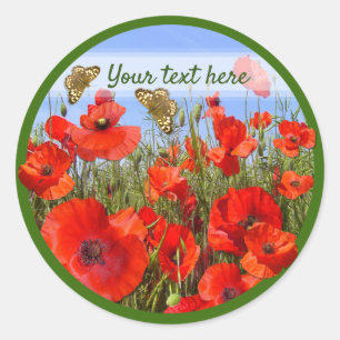 Custom Text Colorful Poppy Field Classic Round Sticker