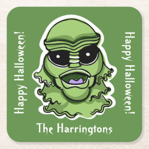 Custom text & colour 4/4 Halloween Creatures Square Paper Coaster