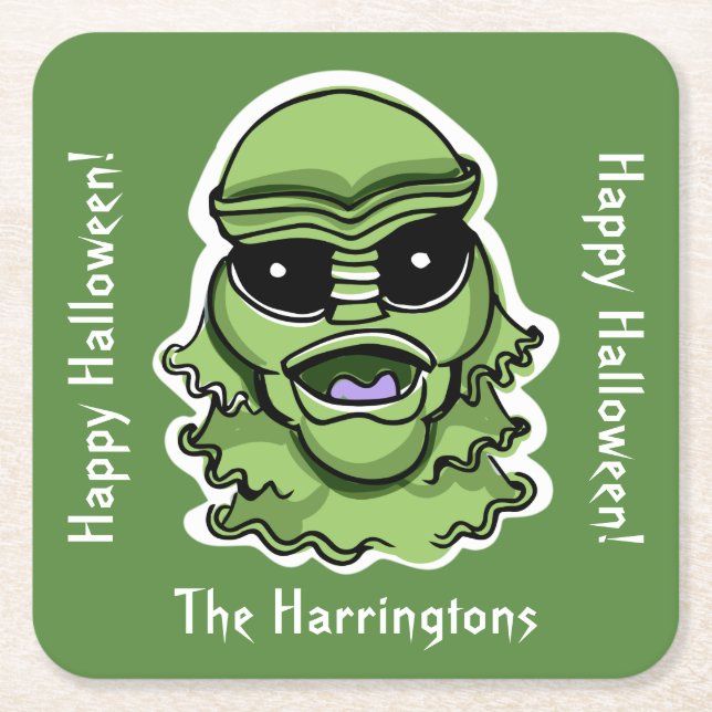 Custom text & colour 4/4 Halloween Creatures Square Paper Coaster (Front)