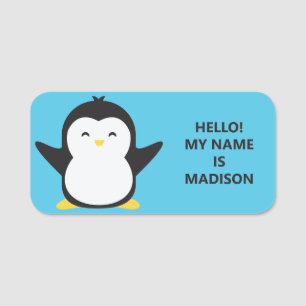 Custom text & colour cute penguin name tag
