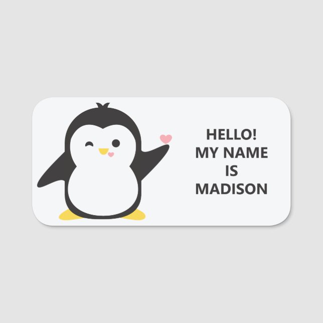 Custom text & colour cute penguin name tag (Front)