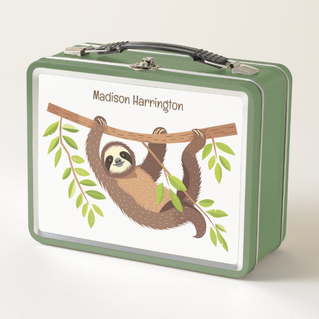 Custom Text & Colour Cute Sloth Metal Lunch Box (Front)