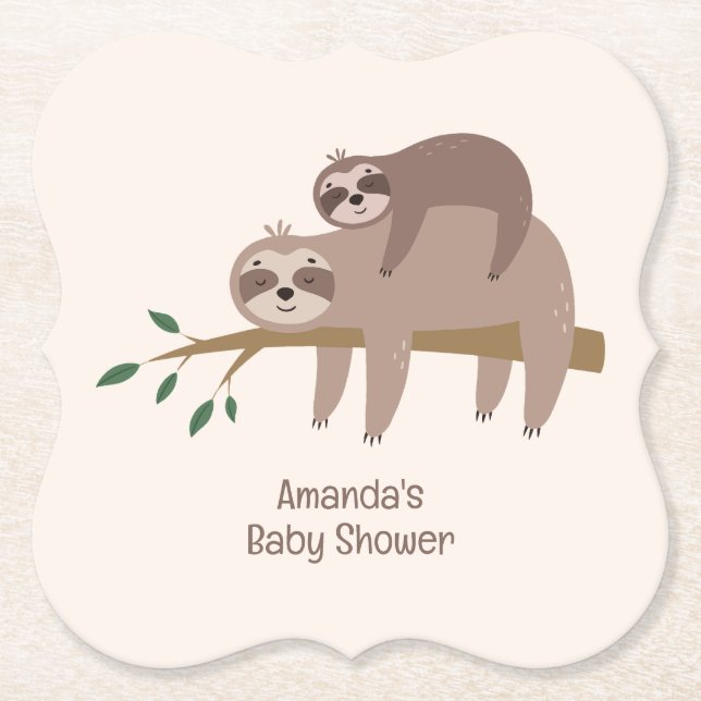 Custom Text & Colour Cute Sloth Paper Coaster (Front)